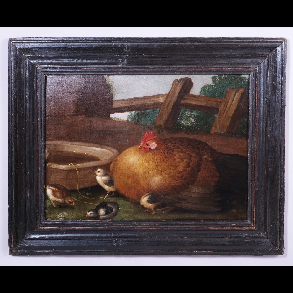 An early 18th-century oil painting on canvas depicting a brooding hen with young chicks near a stone trough, housed within a dark moulded wooden frame.