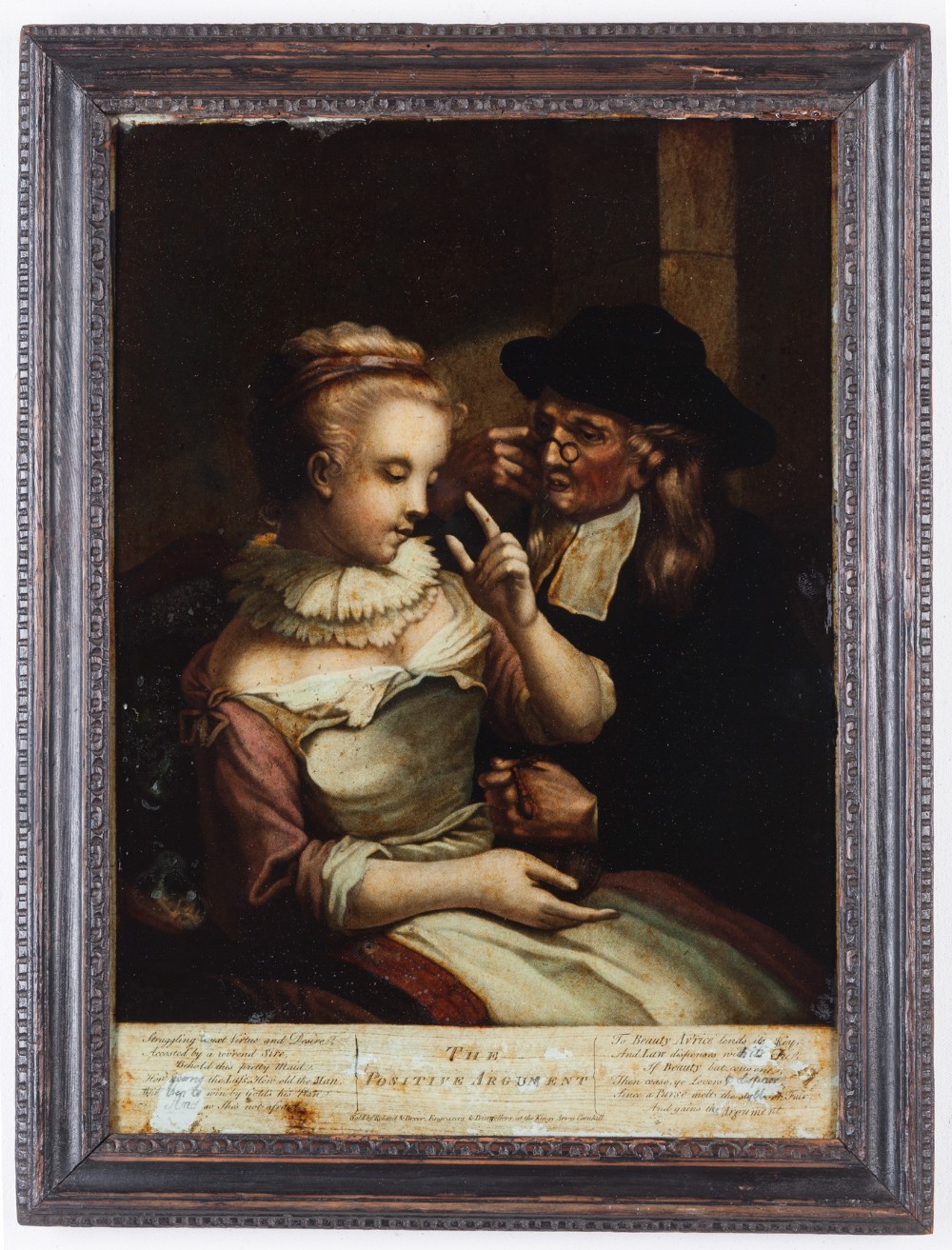 An 18th-century reverse painted mezzotint on glass framed in dark wood, depicting a young woman and a man wearing spectacles with printed text at the base.