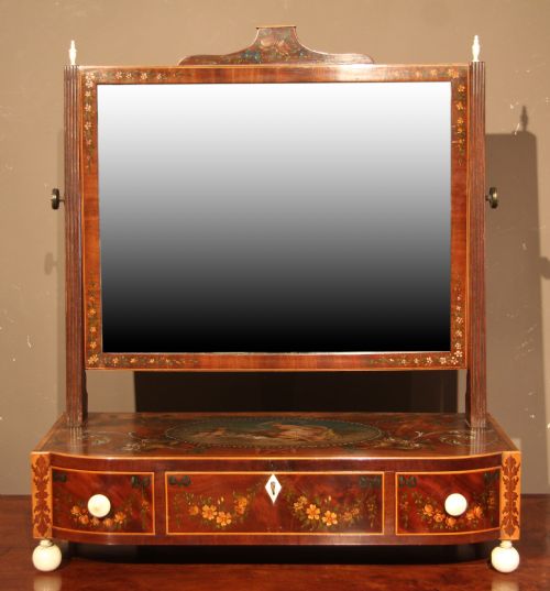 Highly Decorative, Regency Period Mahogany Dressing Mirror with Painted Scenes and Decoration