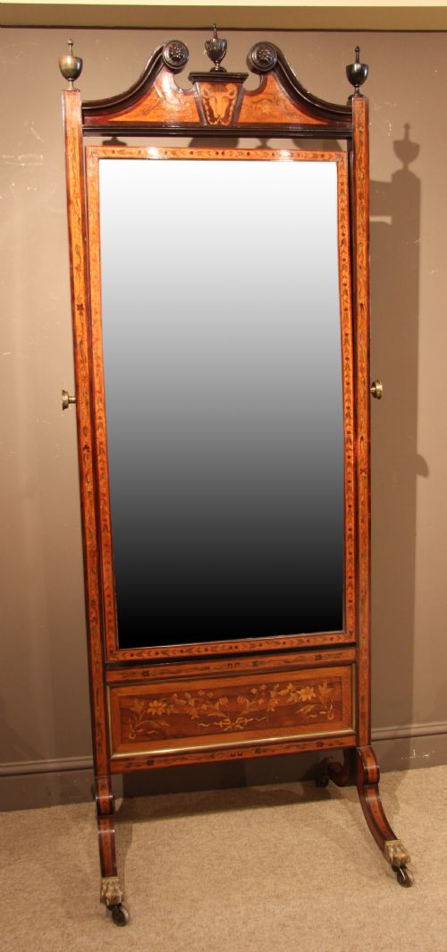 Very Fine Large Late 19th Century Mahogany and Satinwood Marquetry Cheval Mirror, Circa 1880