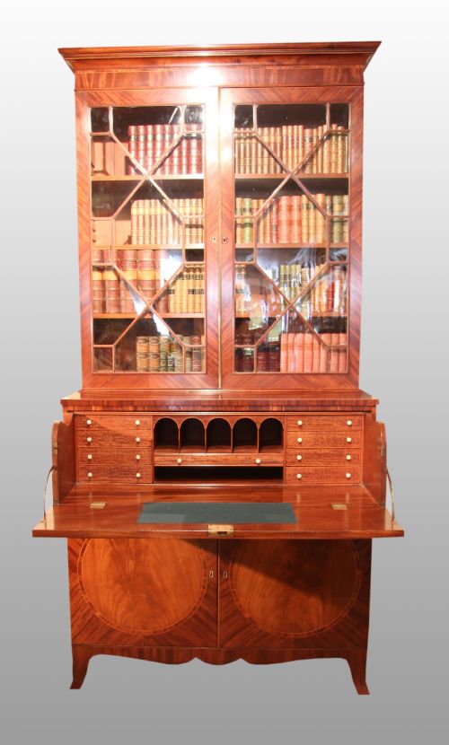 Fine George III Sheraton Period Mahogany & Rosewood Inlaid Secretaire Bookcase