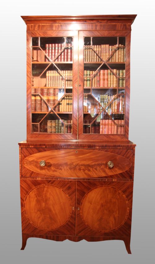 fig 1. Fine George III Sheraton Period Mahogany & Rosewood Inlaid Secretaire Bookcase