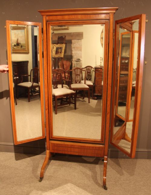 Superb Quality Satinwood and Ebony String Sheraton Design Triple Plate Cheval Mirror