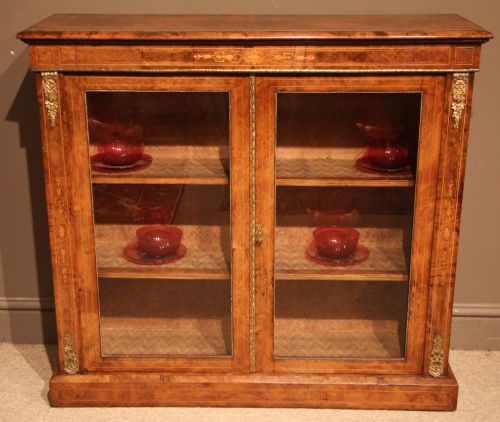 Victorian Burr Walnut Cabinet with Inlays, Stringing and Gilt Brass Decoration