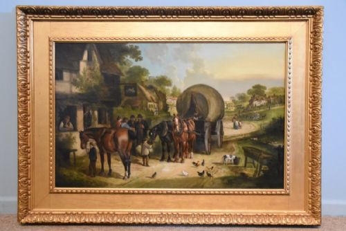 "Outside Swan Inn" Oil by Henry Thrine Shayer