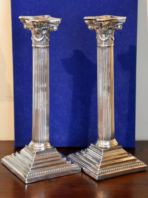 Pair of Silver Corinthian Column Candlesticks 1902