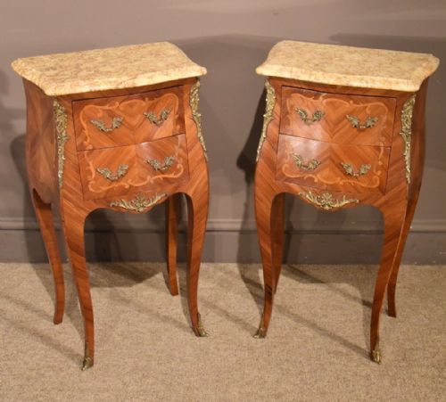 French Pair of Marble Three Drawer Bed Side Tables