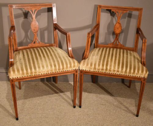 Elegant Pair of Late 19th Century Satinwood Veneered Armchairs

