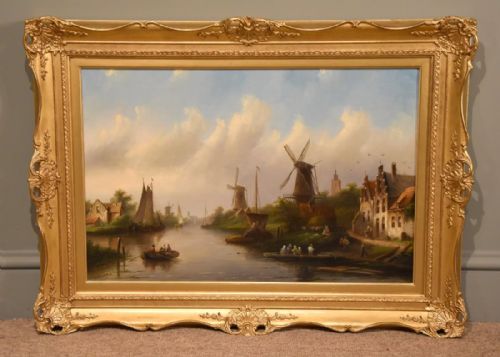 "A Dutch Canal View" Oil by Jan Jacob Conrad Spohler