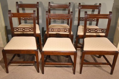 A Good Set of Six Regency Period Mahogany Lattice Back Reeded Dining Chairs