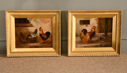 "Poultry in the Farmyard" Pair Oils by E.s England