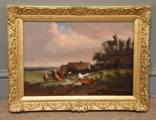 "Hens in Landscape" Oil by Johan Leemputten