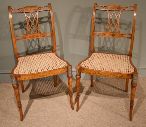A Pair of Late 19th Century Satinwood Painted Side Chairs