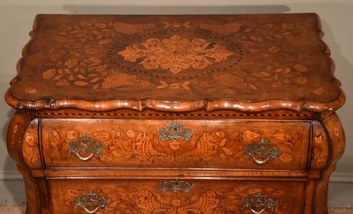 fig 1. A Wonderful Floral Marquetry Dutch Bombe Fronted Chest of Drawers