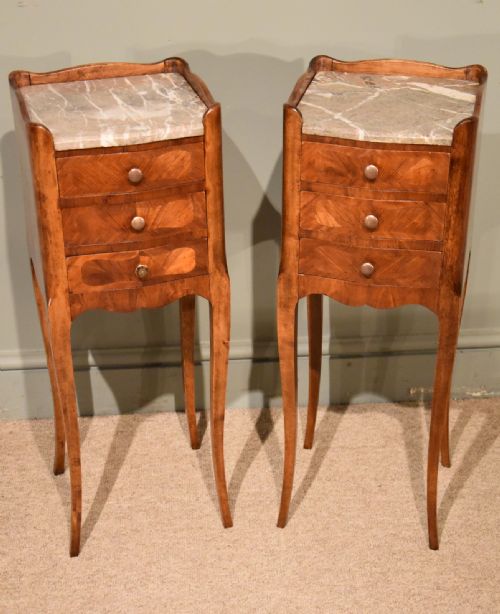 Tiny Pair of French Bedside Tables with Marble Tops