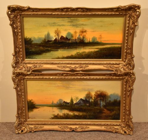 "Sunset by the River" a Pair Oils by H Cole