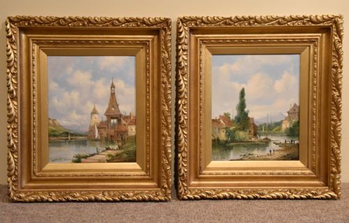 "Rhineland Views" Pair Oils by Alfred Henry Vickers