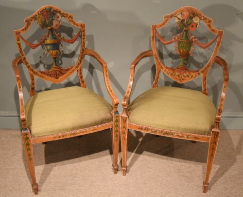 A Very Fine Pair of Early 19th Century Satinwood Painted Armchairs