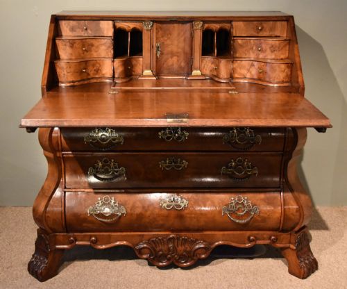 fig 1. A Fabulous Dutch Burr Walnut Bombe Fronted Bureau