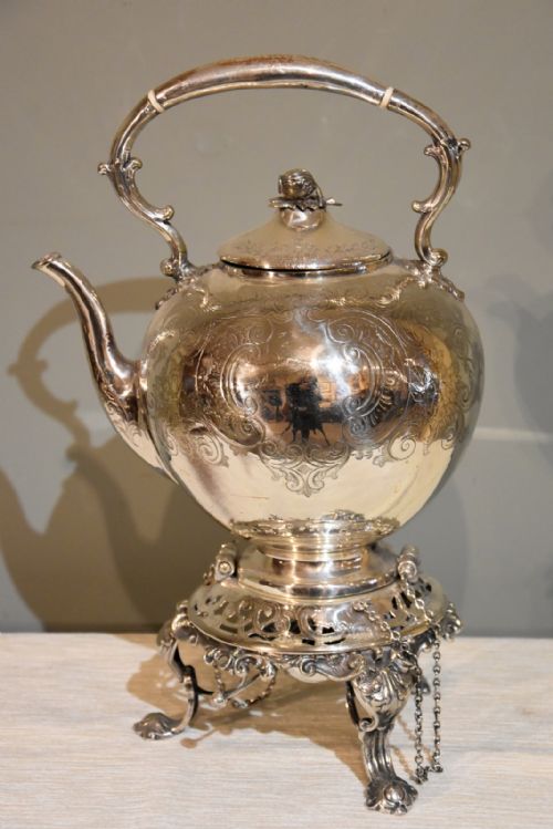 Ornate English Silver Plate Kettle on Stand