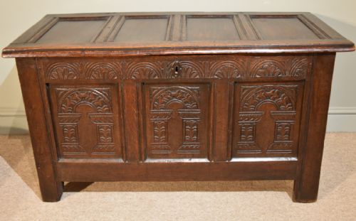 A Handsome Oak Three Arched Carved Panelled Coffer