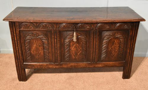 A Superb Late 17th Century Carved Oak Coffer