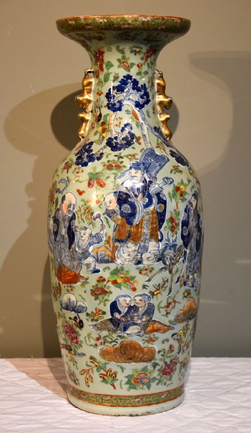 Large Canton Famille Verte Baluster Vase