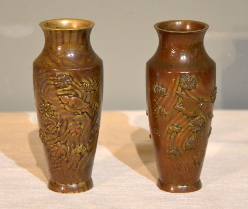 Pair of Diminutive Patinated Bronze Vases
