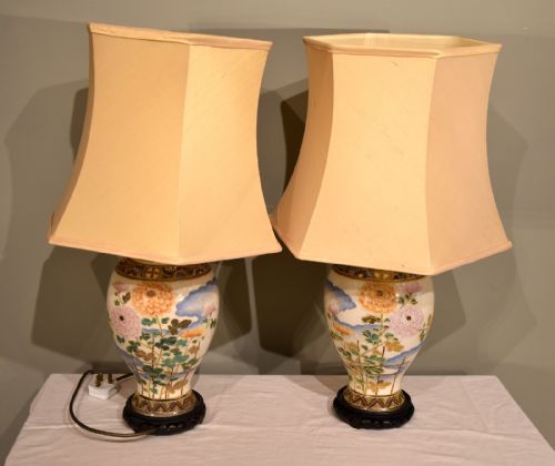A Pair of Satsuma Japanese Vases Converted to Lamps