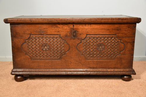 carved oak coffer trunk - CATEGORY: ANTIQUE CHESTS - DATED 19TH CENTURY