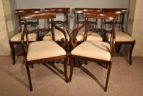 six regency dining chairs with brass inlaid - CATEGORY: ANTIQUE CHAIRS - DATED REGENCY