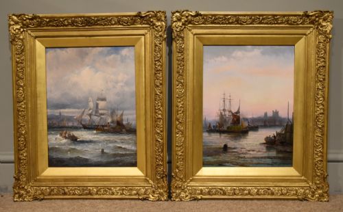 oil painting shipping off gravesend and rochester near strood pair william anslow thornley - CATEGORY: ANTIQUE ART - DATED 19TH CENTURY