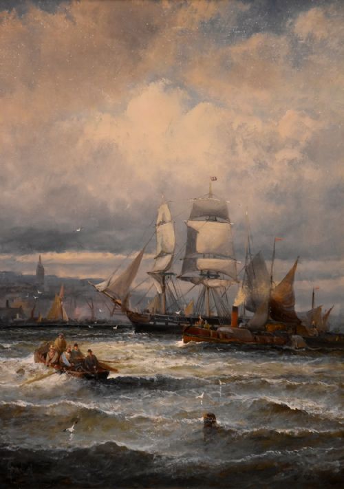 OIL PAINTING SHIPPING OFF GRAVESEND AND ROCHESTER NEAR STROOD PAIR WILLIAM ANSLOW THORNLEY - ADDITIONAL PHOTO 2