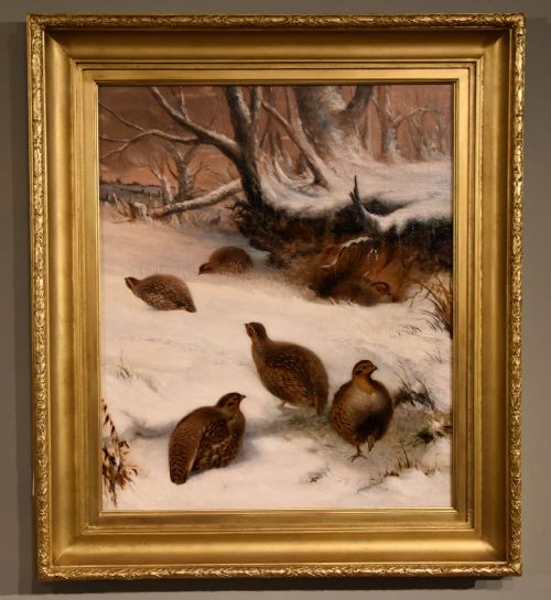 oil painting by henry grant partridges in the snow - CATEGORY: ANTIQUE ART - DATED 1900