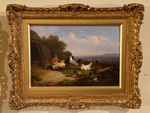 oil painting by cornelius van leemputten chickens in landscape - CATEGORY: ANTIQUE ART - DATED 19TH CENTURY