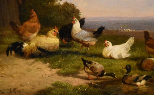 OIL PAINTING BY CORNELIUS VAN LEEMPUTTEN CHICKENS IN LANDSCAPE - ADDITIONAL PHOTO 1