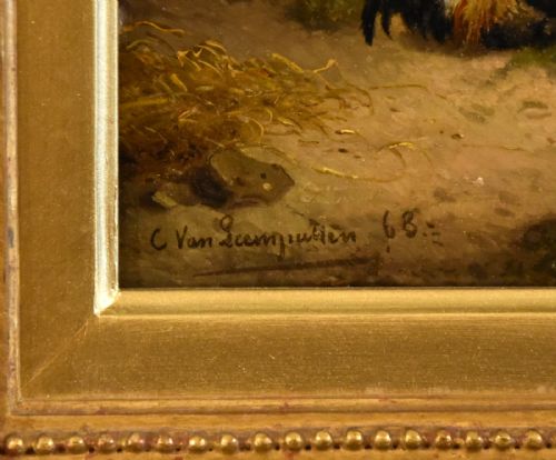 OIL PAINTING BY CORNELIUS VAN LEEMPUTTEN CHICKENS IN LANDSCAPE - ADDITIONAL PHOTO 2