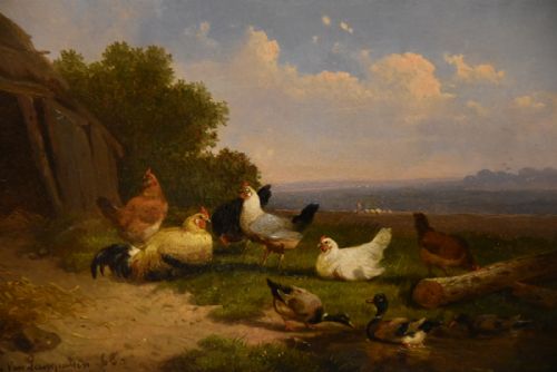 OIL PAINTING BY CORNELIUS VAN LEEMPUTTEN CHICKENS IN LANDSCAPE - ADDITIONAL PHOTO 3