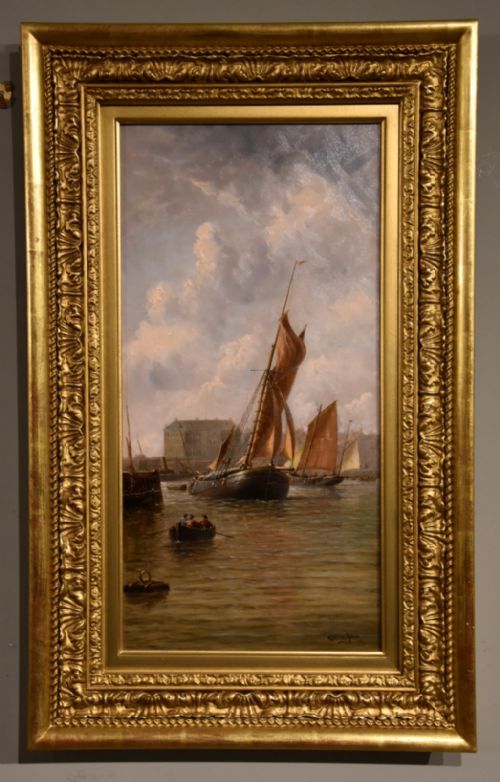 OIL PAINTING PAIR BY HENRY WITHERSPOON BARGE ENTERING DOVER HARBOUR - ADDITIONAL PHOTO 5