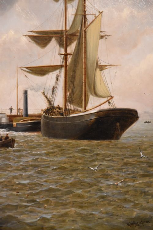 OIL PAINTING PAIR BY HENRY WITHERSPOON BARGE ENTERING DOVER HARBOUR - ADDITIONAL PHOTO 7