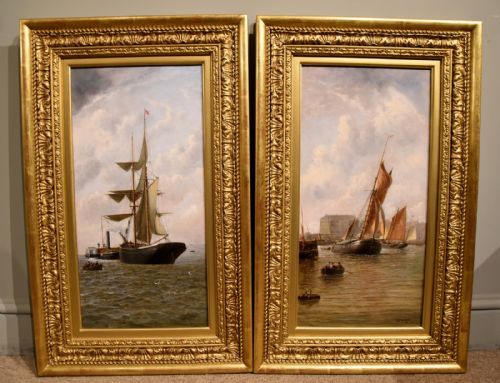 oil painting pair by henry witherspoon barge entering dover harbour - CATEGORY: ANTIQUE ART - DATED 1900