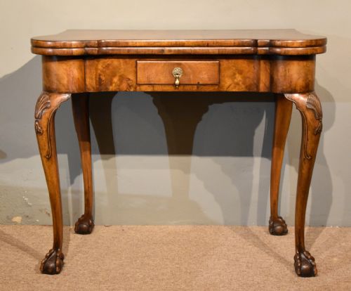 walnut card table fine tapestry interior - CATEGORY: ANTIQUE TABLES - DATED 19TH CENTURY