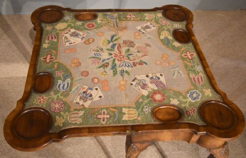 WALNUT CARD TABLE FINE TAPESTRY INTERIOR - ADDITIONAL PHOTO 4