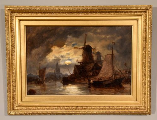oil painting richard henry nibbs moonlight at arnheim - CATEGORY: ANTIQUE ART - DATED 19TH CENTURY
