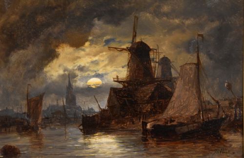 OIL PAINTING RICHARD HENRY NIBBS MOONLIGHT AT ARNHEIM - ADDITIONAL PHOTO 1