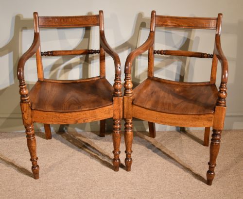 pair carvers armchairs bow seated elm - CATEGORY: ANTIQUE CHAIRS - DATED 19TH CENTURY