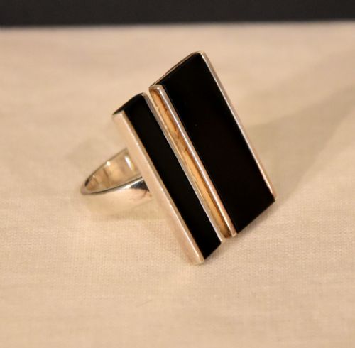 GEORG JENSEN STERLING SILVER RING WITH BLACK ONYX - ADDITIONAL PHOTO 1