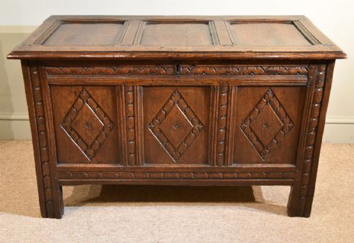 charles ii oak coffer three panelled - CATEGORY: ANTIQUE CHESTS - DATED 17TH CENTURY