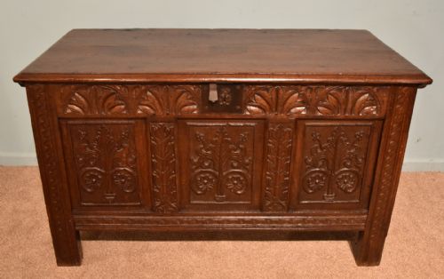 charles ii carved oak three panelled coffer - CATEGORY: ANTIQUE CHESTS - DATED 17TH CENTURY