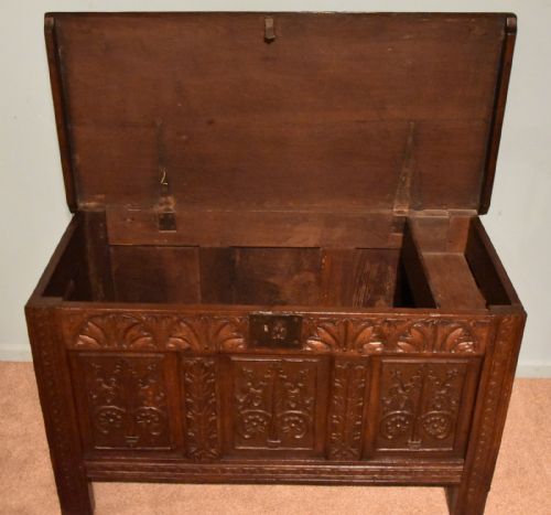 CHARLES II CARVED OAK THREE PANELLED COFFER - ADDITIONAL PHOTO 1